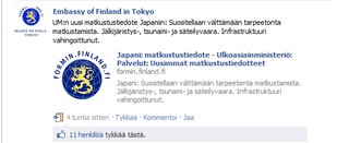 Tokion suurlähetystö jakaa matkustajille tietoa Facebookissa